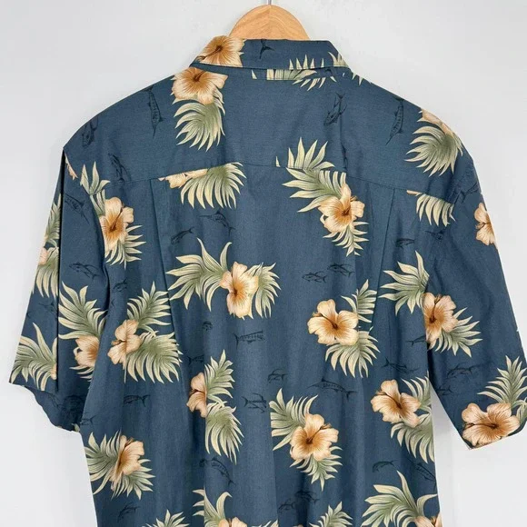 Weekender Mens Blue Hawaiian Floral Fish Print Button Up Shirt Size XL Camp - Picture 5 of 10
